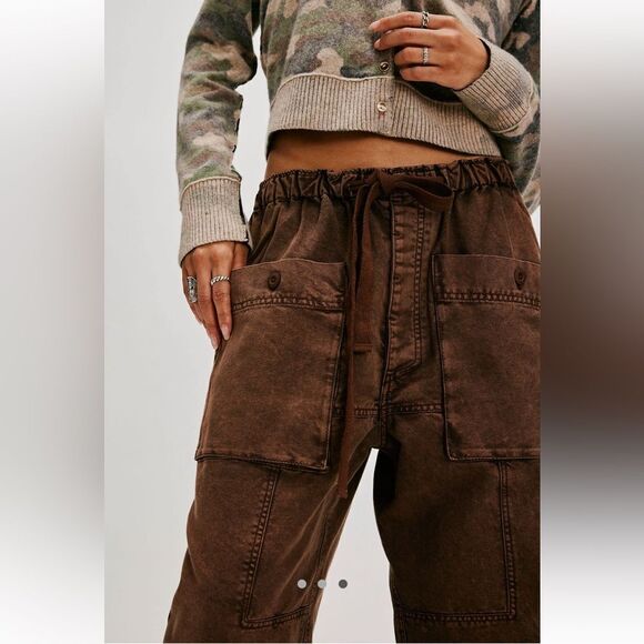 NWT Free People River Stone pants cargo baggy loose fit cotton brown Sz M - Picture 3 of 11
